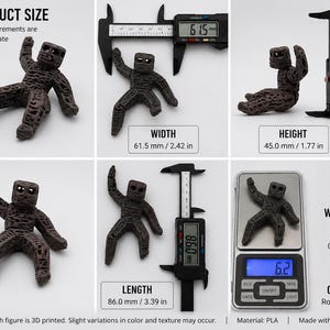 May include: Rocky gray 3D-printed figure, 3.39 inches long, 2.42 inches wide, and 1.77 inches tall. The figure weighs 0.22 ounces. The product size is approximate. The material is PLA.