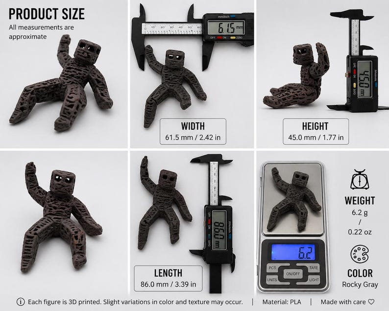 May include: Rocky gray 3D-printed figure, 3.39 inches long, 2.42 inches wide, and 1.77 inches tall. The figure weighs 0.22 ounces. The product size is approximate. The material is PLA.