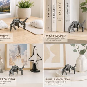 May include: A gray, textured spider figurine is displayed in multiple settings, including a desk, bookshelf, and alongside other collectibles. The figurine has a detailed, realistic design and is shown with books, plants, and other decorative items. The text in the image says "DESK COMPANION", "ON YOUR BOOKSHELF", "AMONG YOUR COLLECTION", and "MINIMAL & MODERN DECOR".