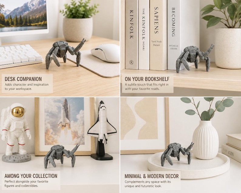 May include: A gray, textured spider figurine is displayed in multiple settings, including a desk, bookshelf, and alongside other collectibles. The figurine has a detailed, realistic design and is shown with books, plants, and other decorative items. The text in the image says "DESK COMPANION", "ON YOUR BOOKSHELF", "AMONG YOUR COLLECTION", and "MINIMAL & MODERN DECOR".