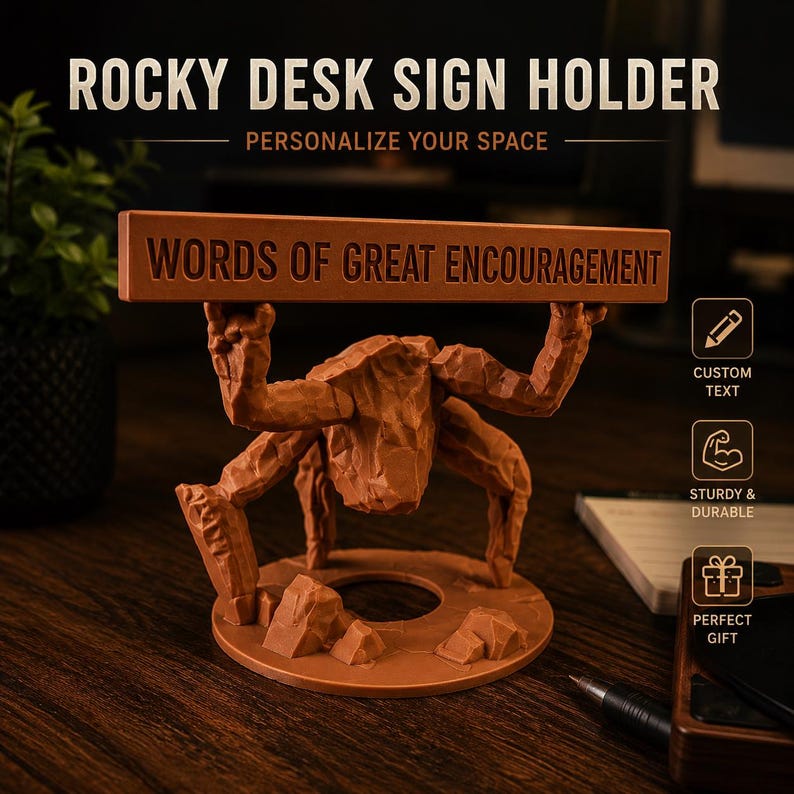 Puede incluir: Un soporte de escritorio marr&oacute;n con textura de roca que muestra una figura con los brazos levantados sosteniendo una barra rectangular horizontal. La barra tiene grabado el texto WORDS OF GREAT ENCOURAGEMENT. La base es circular.