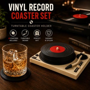 May include: A vinyl record coaster set featuring a turntable-shaped holder in beige with a black and red record design. The set includes four black circular coasters. Text on the image reads: VINYL RECORD COASTER SET, TURNTABLE COASTER HOLDER, 4 COASTERS INCLUDED, TURNTABLE DESIGN, PERFECT GIFT, DURABLE & STYLISH.