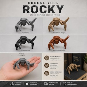 May include: A 3D-printed, stone-inspired sculpture of a spider in four colors: stone gray, sandstone beige, dark charcoal, and terracotta brown. The sculpture is approximately 3.5 inches in size. The text "CHOOSE YOUR ROCKY" is at the top.