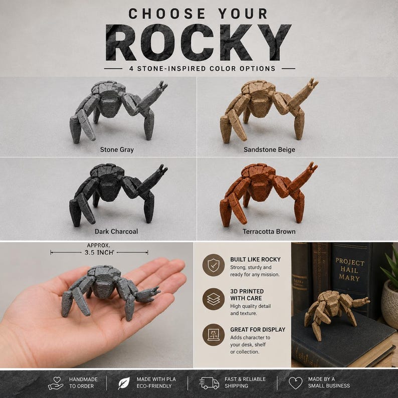 May include: A 3D-printed, stone-inspired sculpture of a spider in four colors: stone gray, sandstone beige, dark charcoal, and terracotta brown. The sculpture is approximately 3.5 inches in size. The text "CHOOSE YOUR ROCKY" is at the top.