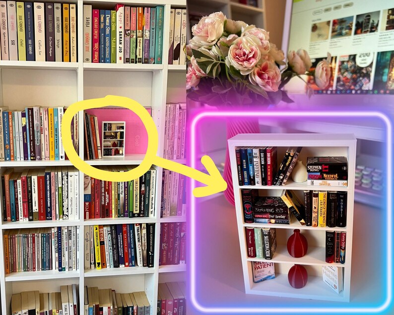 May include: A miniature white bookshelf filled with books, decorative vases, and a small ceramic object. The bookshelf is set against a backdrop of a larger bookshelf and a computer screen. The image is framed with a neon purple and blue border.