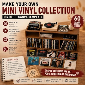 Puede incluir: Un kit de bricolaje para una colección de vinilos en miniatura que incluye un mueble de madera, un tocadiscos pequeño, un amplificador y 60 piezas de discos en blanco. El set contiene un manual de instrucciones y una pequeña caja de regalo.