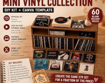 DIY Miniature Vinyl Record Kit, Dollhouse Record Player Cabinet, Editable Canva Template, Make Your Own Album Covers