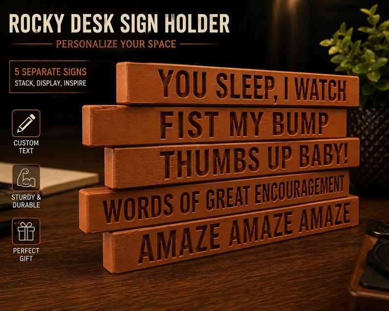 Puede incluir: Un conjunto de cinco letreros de escritorio rectangulares de madera marr&oacute;n apilados verticalmente. Cada letrero presenta texto grabado: YOU SLEEP, I WATCH; FIST MY BUMP; THUMBS UP BABY!; WORDS OF GREAT ENCOURAGEMENT; y AMAZE AMAZE AMAZE.