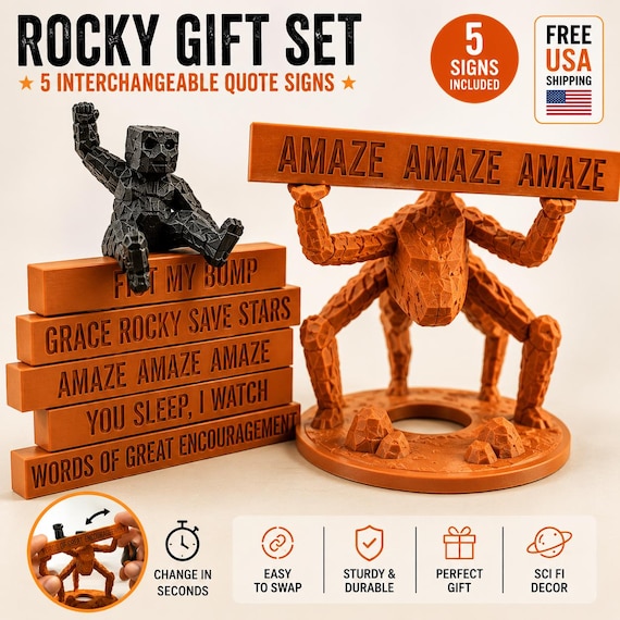 Project Hail Mary Rocky Figure Gift Set, 5 Interchangeable Quote Signs, Words of Great Encouragement, AMAZE Desk Decor, Andy Weir Gift