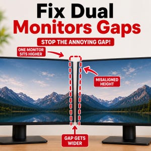 May include: Image showing two computer monitors with the text "Fix Dual Monitors Gaps". The text highlights the issue of misaligned height and gaps between monitors. The image includes the text "Stop the annoying gap!"