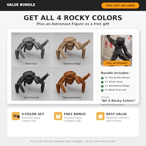May include: A value bundle featuring four Rocky figures in Stone Gray, Sandstone Beige, Dark Charcoal, and Terracotta Brown. Includes a free astronaut figure. The set is designed for collectors and sci-fi fans.