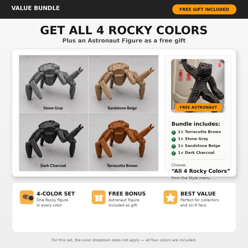 May include: A value bundle featuring four Rocky figures in Stone Gray, Sandstone Beige, Dark Charcoal, and Terracotta Brown. Includes a free astronaut figure. The set is designed for collectors and sci-fi fans.