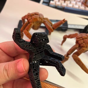 May include: A black, 3D-printed figurine of a person with outstretched arms, held in a hand. The figurine has a detailed, open lattice design. Other similar figurines in shades of brown and gray are visible in the background.