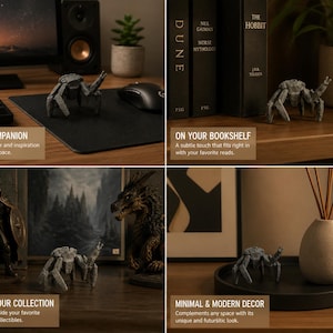 May include: A gray, detailed crab figurine is displayed in multiple settings, including a desk, bookshelf, and alongside other collectibles. The figurine is shown with the text "DESK COMPANION", "ON YOUR BOOKSHELF", "AMONG YOUR COLLECTION", and "MINIMAL & MODERN DECOR".