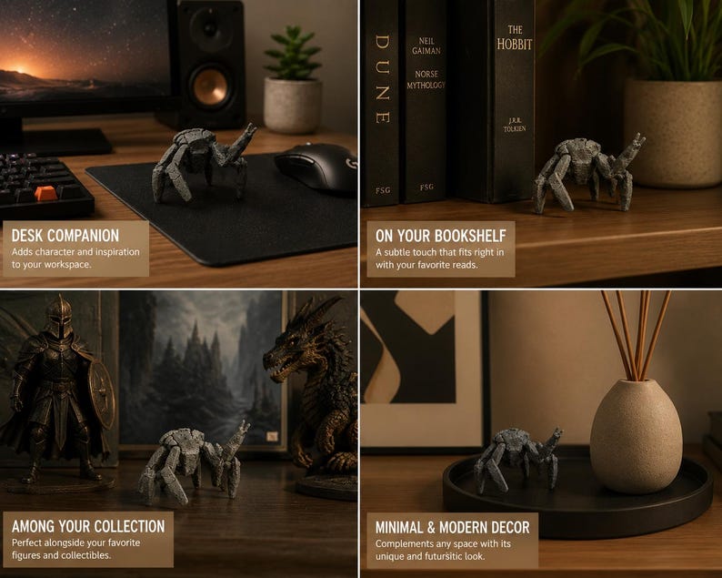 May include: A gray, detailed crab figurine is displayed in multiple settings, including a desk, bookshelf, and alongside other collectibles. The figurine is shown with the text "DESK COMPANION", "ON YOUR BOOKSHELF", "AMONG YOUR COLLECTION", and "MINIMAL & MODERN DECOR".