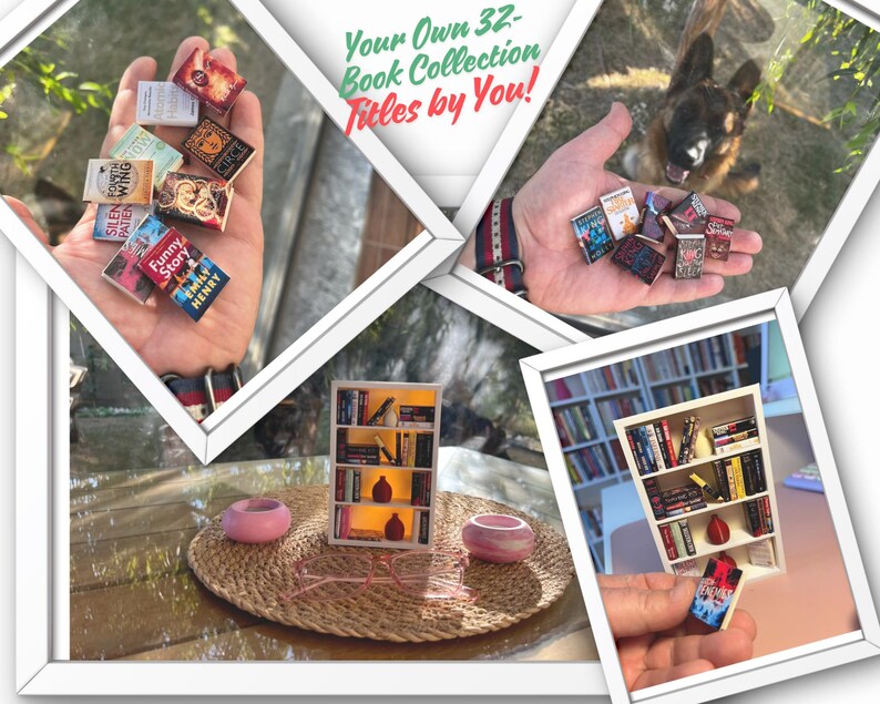 May include: A collection of miniature books with colorful covers, held in a hand. The books have various titles and designs. The image also includes a miniature bookshelf and decorative elements, with the text "Your Own 32-Book Collection Titles by You!"