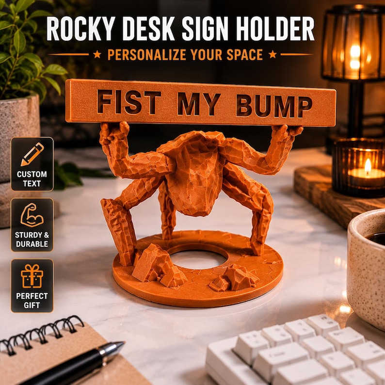 Puede incluir: Un soporte de letrero de escritorio naranja con una criatura texturizada similar a una roca con m&uacute;ltiples extremidades que sostienen una barra rectangular horizontal. La barra tiene el texto FIST MY BUMP en relieve. Base circular con detalles.