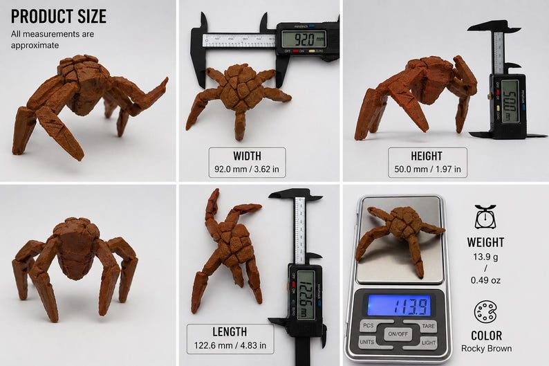 May include: A rocky brown, stylized spider sculpture. The spider is 3.62 inches wide, 1.97 inches tall, and 4.83 inches long. It weighs 0.49 oz. The product size is approximate.