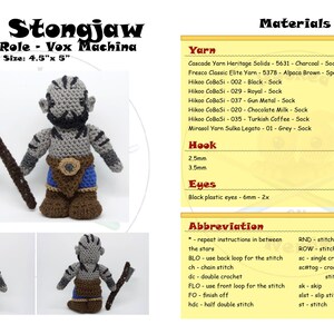 May include: Crocheted amigurumi figure of Grog Stongjaw from Critical Role Vox Machina. The figure is grey with brown boots and a blue loincloth. The figure is holding an axe. The image also includes a list of materials and abbreviations for crocheting.