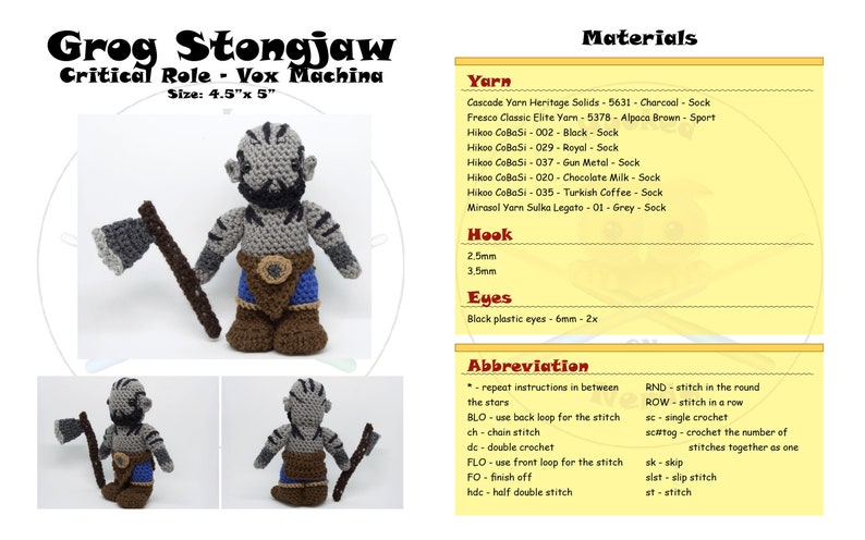 May include: Crocheted amigurumi figure of Grog Stongjaw from Critical Role Vox Machina. The figure is grey with brown boots and a blue loincloth. The figure is holding an axe. The image also includes a list of materials and abbreviations for crocheting.