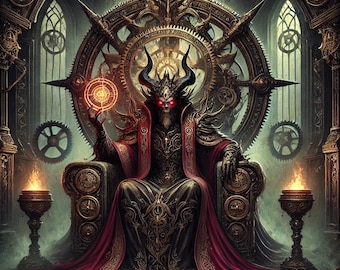 May include: A horned demon figure with glowing red eyes sits on a throne made of gears and metal. The throne is surrounded by a large, ornate wheel with a smaller wheel in the center. The demon is holding a glowing orb in its hand. The text "BELPHEGOR" is written below the throne.