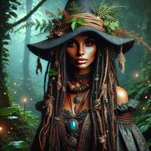 May include: A woman with long, dark brown dreadlocks wears a pointed black witch hat with a brown rope band and green foliage accents. She has a dark blue gemstone pendant and multiple layered necklaces with silver and brown beads.