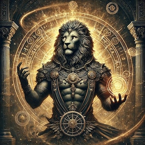 May include: A powerful lion-like figure with a human body, wearing a golden armor and a dark blue robe, stands in front of a glowing circular symbol. The figure holds a glowing orb in its right hand.