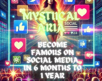 Op de afbeelding: Een vrouw in een blauwe jurk staat voor een digitale achtergrond met social media-iconen. De tekst "MYSTICAL ARIA" is groen en de tekst "BECOME FAMOUS ON SOCIAL MEDIA IN 6 MONTHS TO 1 YEAR" is wit.