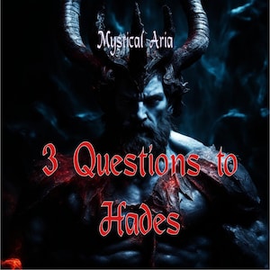 Könnte beinhalten: Eine digitale Illustration von Hades, dem griechischen Gott der Unterwelt, mit dem Text "3 Fragen an Hades" in Rot.