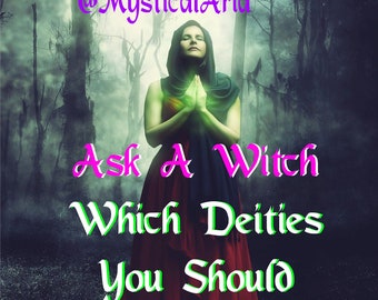 Puede incluir: Una mujer con un vestido rojo y una capa con capucha verde se encuentra en un bosque oscuro. El texto "Ask A Witch Which Deities You Should Work With" está superpuesto a la imagen. El texto "@MysticalAria" está en la esquina superior izquierda de la imagen.