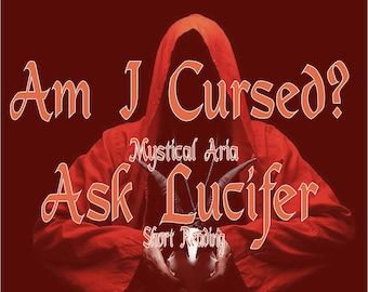 May include: A hooded figure in a red robe with the text "Am I Cursed? Mystical Aria Ask Lucifer Short Reading" in orange.