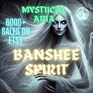 Puede incluir: Una ilustración digital de un espíritu de banshee blanco con cabello largo y fluido. La imagen tiene el texto "MYSTICAL ARIA" y "6000+ SALES ON ETSY" en texto verde y azul. El texto "BANSHEE SPIRIT" está en texto amarillo.