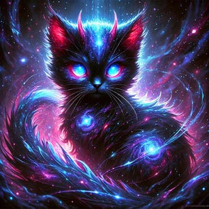 Puede incluir: Un gato negro con ojos azules brillantes y orejas rojas, rodeado de una galaxia giratoria de nebulosas rosas y azules.