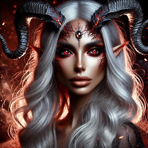 May include: A woman with long, silver hair and horns, wearing red eyeshadow and a dark red and black costume. Her eyes are a bright red color.