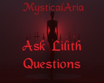 Puede incluir: Un fondo rojo oscuro con una silueta de una persona de pie en el medio. El texto "Mystical Aria" está en la parte superior de la imagen, y el texto "Ask Lilith Questions" está en la parte inferior de la imagen.