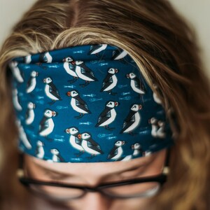 Navy Puffins Headband |Adult Headband /Extra Wide Headband/Turban Headband Yoga Headband/Boho Chic Hair/Nurse Headband/Spa Headband