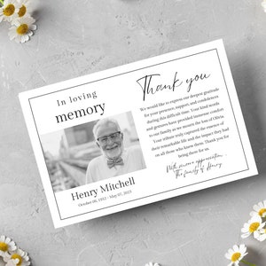 Plantilla de tarjeta de agradecimiento funeraria para hombre, tarjeta de agradecimiento de condolencia - Editable e imprimible, Descarga instantánea