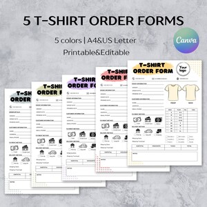 5 Tshirt order form templates editable, Custom t shirt order form, Purchase t-shirt order form - A4/US Letter, Editable and printable
