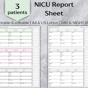 3 patient NICU nurse report sheet, NICU nurse brain - Day/Night shift, Editable and Printable, INSTANT download