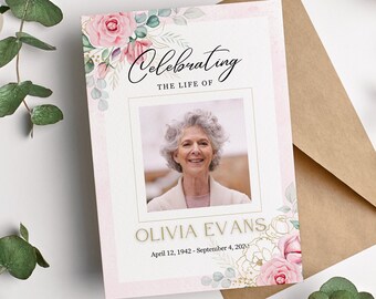 Celebration of life invitation for women, Female funeral program template pink peony