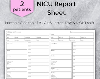 NICU report sheet 2 patient, NICU nurse brain - Day/Night shift, Editable&Printable