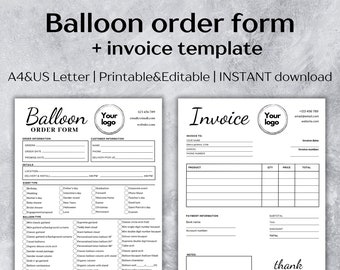 Balloon Order Form & Invoice Template, Printable A4/US Letter - Instant Download