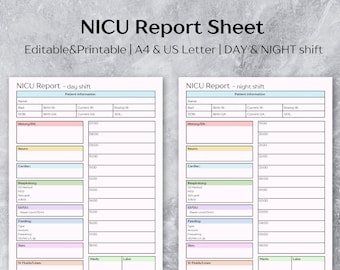 NICU Nurse Report Sheet Day/Night Shift, A4/US Letter
