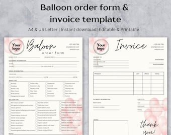 Balloon order form and invoice template - A4&US Letter, Editable and Printable