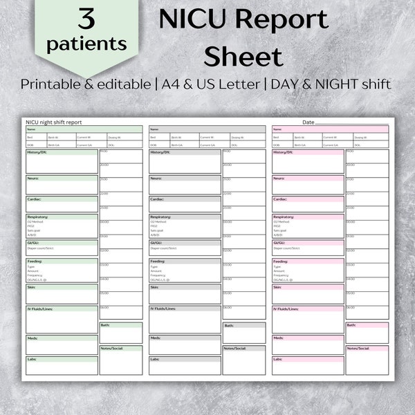 NICU report sheet 3 patient, NICU nurse brain - Day/Night shift, Editable and Printable