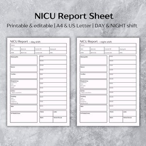 Nicu report sheet printable, Nicu brain sheet, Nurse report sheet - A4/US Letter, Day/Night shift