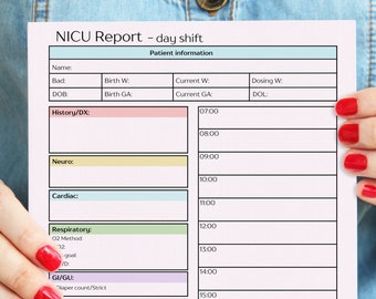 Nicu report sheet, Nicu brain sheet, Neonatal nurse shirt, Nicu patient report sheet - A4/US Letter, Day/Night shift