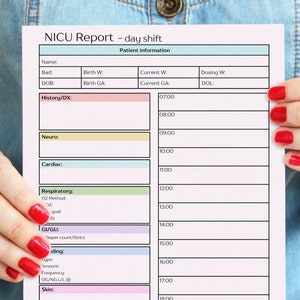 Nicu report sheet, Nicu brain sheet, Neonatal nurse shirt, Nicu patient report sheet - A4/US Letter, Day/Night shift