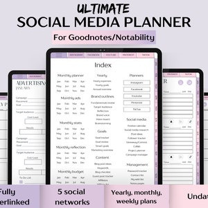 May include: A digital planner for social media, designed for use with Goodnotes or Notability apps. The planner includes sections for Instagram, Facebook, YouTube, Pinterest, and TikTok. It features monthly, weekly, and yearly planning sections, as well as a section for advertising.