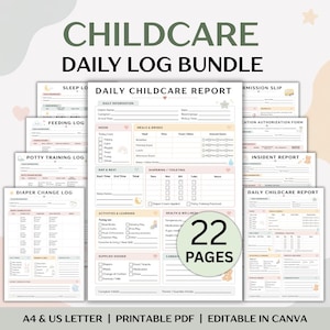 Childcare Daily Log Bundle - Daycare Forms - Nanny Preschool Binder - Caregiver Checklist - Editable Canva